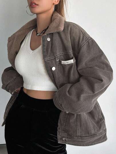 DAZY ז'קט ג'ינס עם כתף נפתחת וטלאים, בטנת טדי, בגדי סתיו לנשים, בטנת פליז