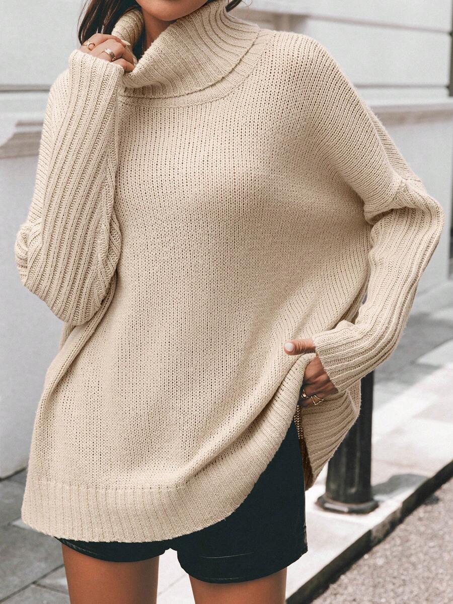 Chiquease 纯色高领休闲经典长袖套头毛衣针织衫秋冬款 - 杏色 - 查看 1