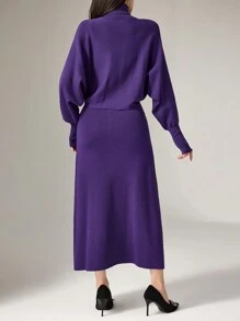 Modelyn Bộ 2 món áo len tay cánh dơi thanh lịch tối giản giản dị cho nữ, bộ 2 món thu đông - Màu tím - Xem 2