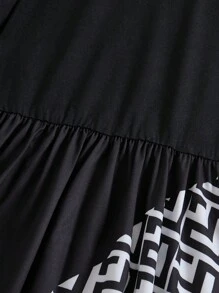 Tween 女童优雅撞色印花高领长袖 A 字针织连衣裙，春秋季 - 黑色 - 查看 4