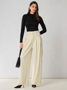 Enchnt Pantalones casuales minimalistas de mujer de unicolor con cordón y bolsillo, para uso diario - Albaricoque - Ver 5
