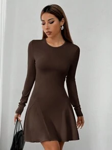 SHEIN EZwear 秋季女式合腰荷叶边下摆中长连衣裙 - 巧克力棕 - 查看 5