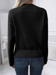 SHEIN LUNE 女士秋冬前系带落肩长袖休闲宽松针织套头衫 - 黑色 - 查看 2