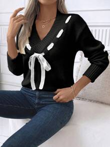 SHEIN LUNE 女士秋冬前系带落肩长袖休闲宽松针织套头衫 - 黑色 - 查看 4