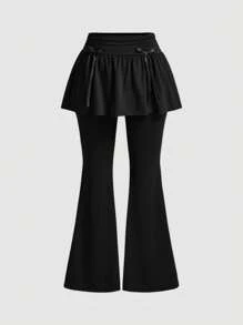 SHEIN MOD Plus Size Ballet-Style Ruched Bow Decor Mini Skirt, 2 In 1 Long Flared Pants - Black - View 1