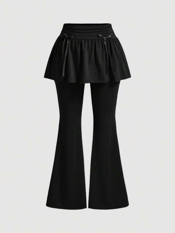 SHEIN MOD Plus Size Ballet-Style Ruched Bow Decor Mini Skirt, 2 In 1 Long Flared Pants
