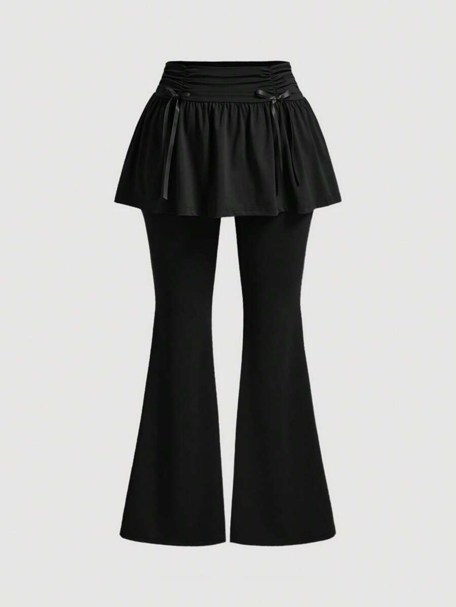 SHEIN MOD Plus Size Ballet-Style Ruched Bow Decor Mini Skirt, 2 In 1 Long Flared Pants - Black - View 1