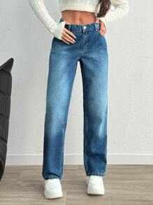 SHEIN Cottnline 女士直筒低腰牛仔裤 - 中等水洗藍 - 查看 4