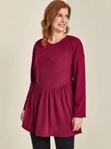 EMERY ROSE Plus Size Casual Solid Color Ruched Long Sleeve T-Shirt, Autumn - Burgundy - View 5
