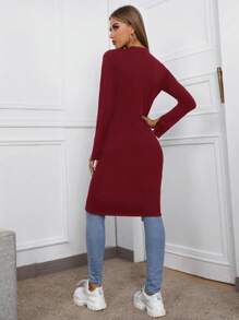 SHEIN Essnce 纯色前扣休闲针织长袖开衫 - 酒紅色 - 查看 2