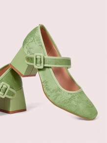 CUCCOO DOLLMOD Square Toe Green Sweet Square Heel High Heels For Women