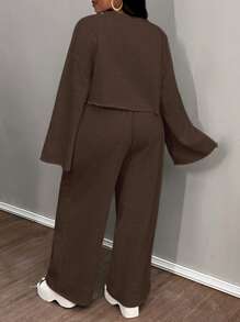 Slaydiva Bộ 3 món/2024 Bộ đồ vest dài tay màu trơn đơn giản, giản dị, quần ống rộng rộng rãi cỡ lớn - màu nâu - Xem 2