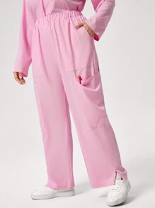 TaskEZ Plus Size Plain Long Sleeve Pocket Simple Top And Pants Uniform Set Scrub Set