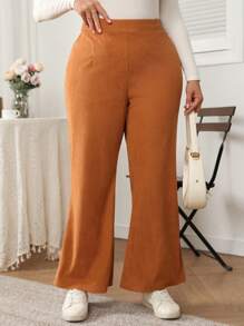 SHEIN LUNE 大码女式简约纯色灯芯绒喇叭裤，休闲日常穿着