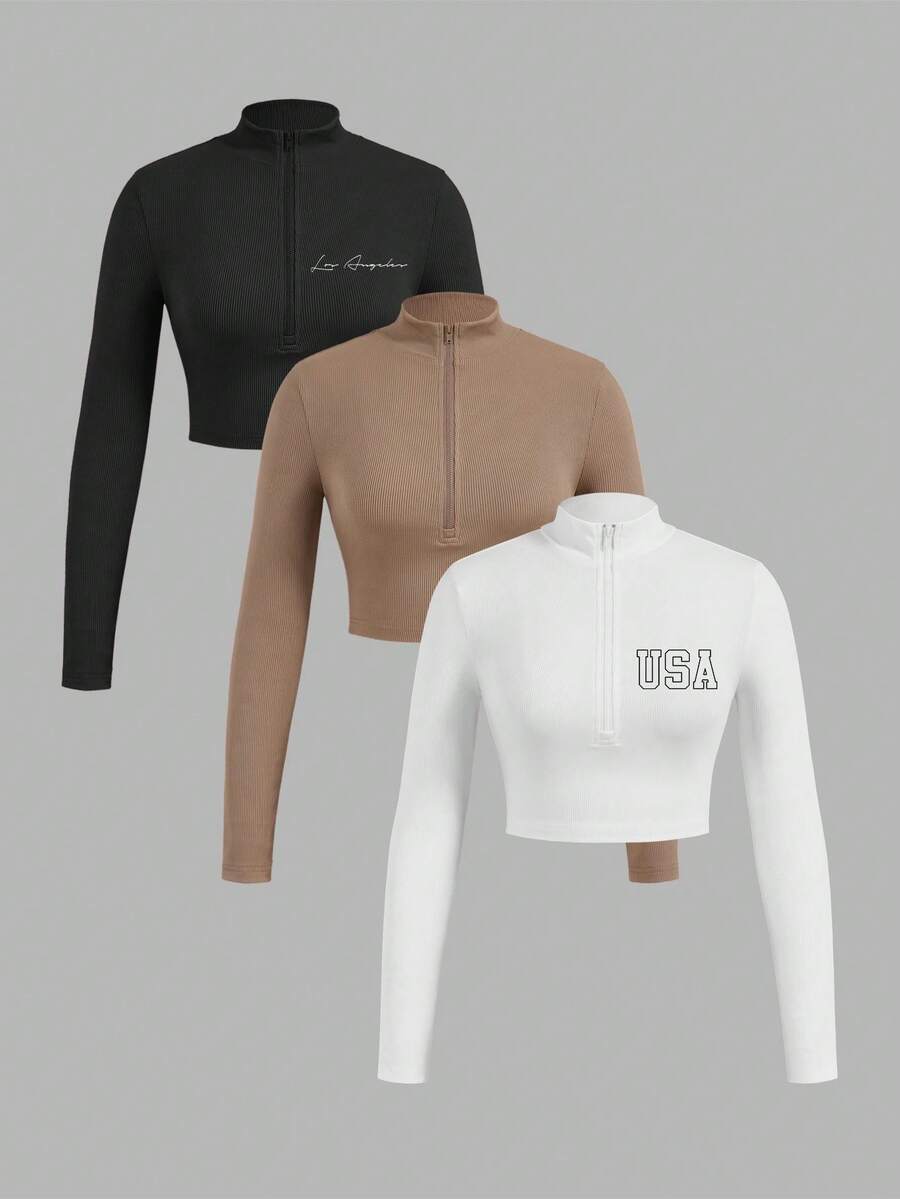 SHEIN EZwear 3 件套女士简约字母拉链半领长袖 T 恤套装，罗纹面料，适合春秋季 - 彩色 - 查看 1