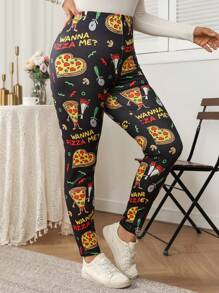 SHEIN LUNE Plus Size Women Halloween Heart Pizza Print Knit High Stretch Velvet Skinny Leggings, Fashion Slim Fit, Comfortable Base Layer - Multicolor - View 4