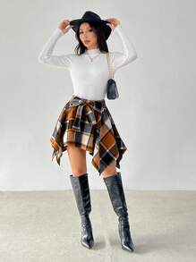 SHEIN PETITE Falda mini con lazo delantero a cuadros para mujer, uso diario casual - Marrón - Ver 3