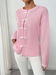 SHEIN LUNE Camiseta de mujer de manga larga con hombros caídos, cuello mao y bloque de color rosa, para otoño - Rosa - Ver 5