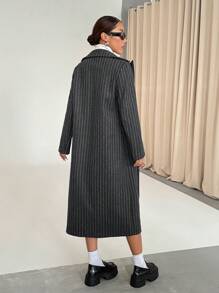 Flirla Minimalist Versatile Commute Casual Contrast Collar Open Front Striped Overcoat, Thick Warm High-Grade Outerwear For Women, Autumn/Winter Fall Cloth For Women - Dark Grey - View 2
