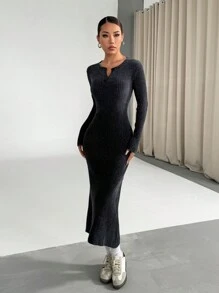 SHEIN Unity Women's Soft Charcoal Grey V-Neck Casual Long Sweater Dress, Figure Flattering & Versatile For Autumn/Winter