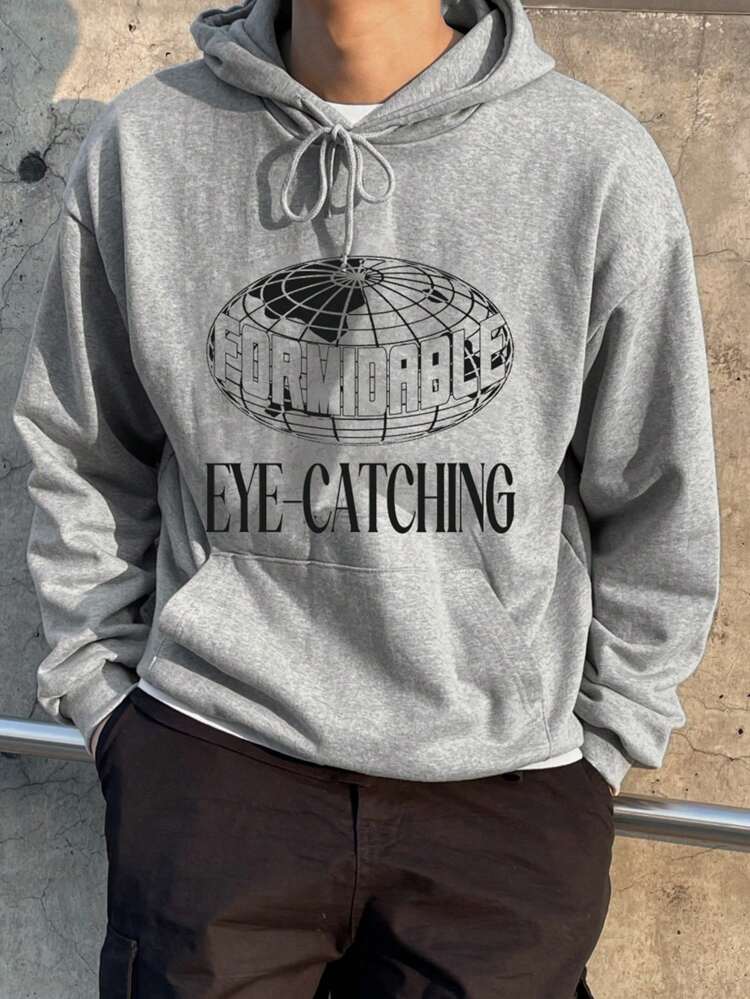 Men's Casual Letter Print Pocket Decor Long Sleeve Hoodie,Fall Clothes