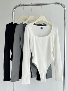 SHEIN BASICS 3pcs/Set Women Solid Color Knit Long Sleeve Crew Neck Bodysuit With Thermal Lined, Warm Tight Fit, Cozy Chic