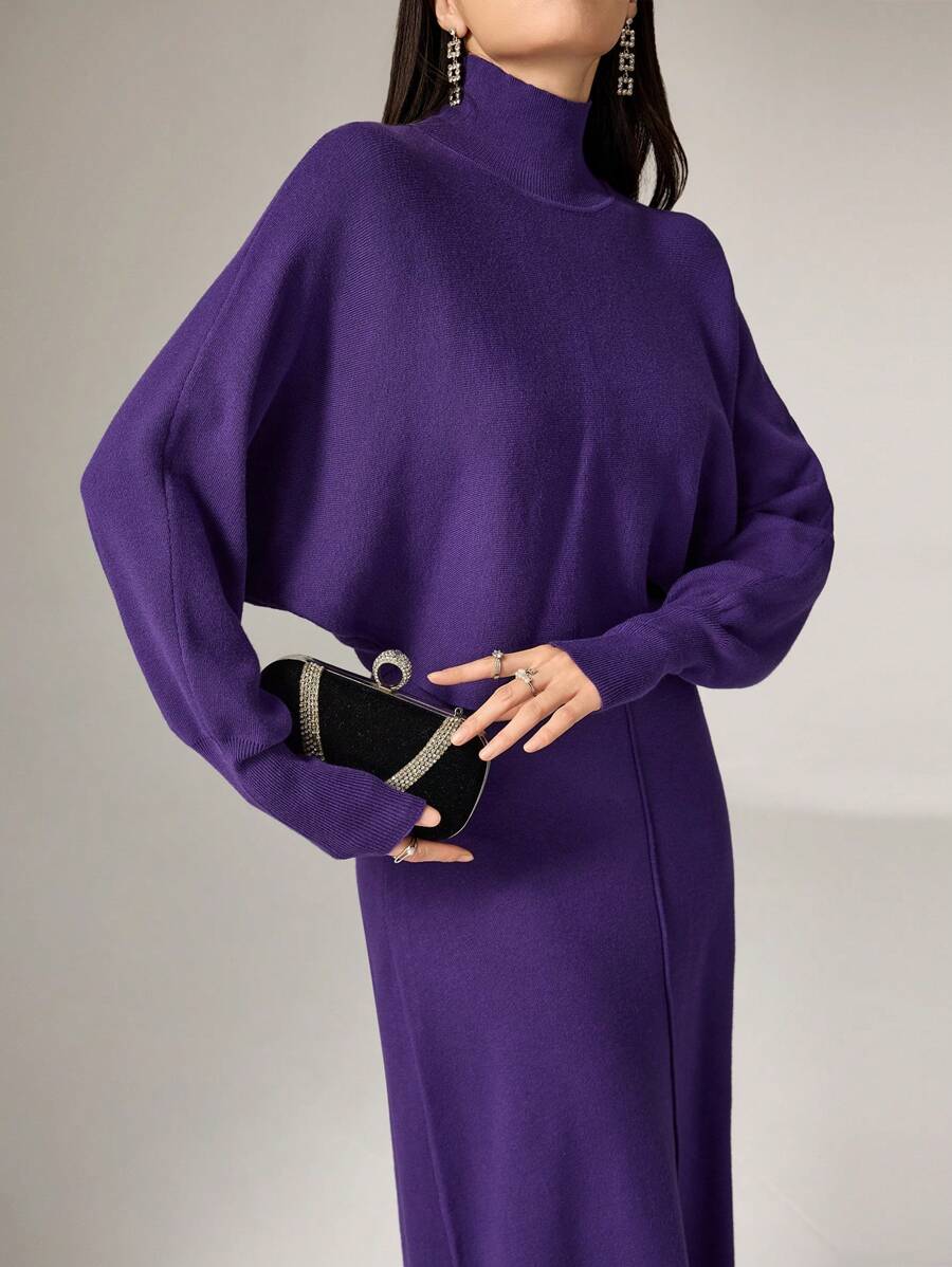 Modelyn Bộ 2 món áo len tay cánh dơi thanh lịch tối giản giản dị cho nữ, bộ 2 món thu đông - Màu tím - Xem 1