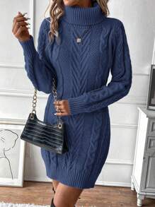 SHEIN LUNE Vestido de suéter de manga larga de punto con torsión de cuello alto de unicolor, de uso versátil