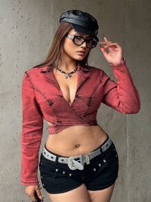 SHEIN ICON 大码牛仔夹克，性感弹力红色修身长袖 - 酒紅色 - 查看 6