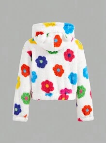 SHEIN Leap Crew Tween Girl 宽松休闲连帽拉链毛绒花卉印花长袖短款夹克 - 白色 - 查看 2