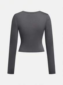 SHEIN Girlism Áo thun tay dài cổ tròn in hình chân dung cho bé gái tuổi teen - Xám - Xem 2