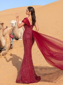 Faeriesty Đầm dạ hội và đầm dự tiệc cưới sang trọng, lệch vai, xếp ly, đính sequin và hạt cườm, kiểu dáng thanh lịch. - Màu Đỏ Sâu - Xem 3