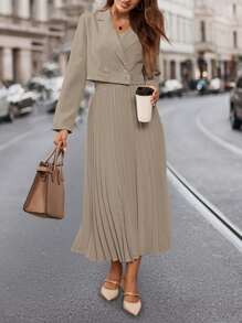 SHEIN Clasi Women's Elegant Apricot Short Suit Jacket & Pleated A-Line Skirt 2 Pieces Set - Khaki - View 7