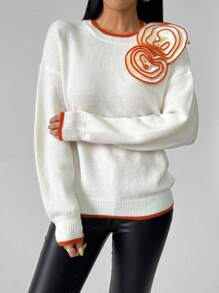 SHEIN Unity Women's Drop Shoulder 3D Floral Edged Orange Sweater, Knit Pullover Fall Winter - Beige - View 4