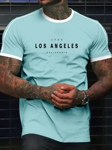 Manfinity Homme Áo thun nam cổ tròn tay ngắn in chữ thường ngày - Màu xanh nhạt - Xem 1