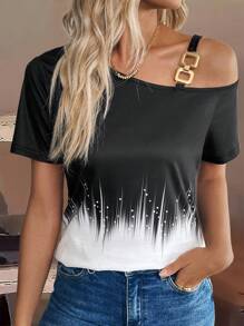 SHEIN LUNE Women Casual Color Block Asymmetric Collar T-Shirt - Multicolor - View 1