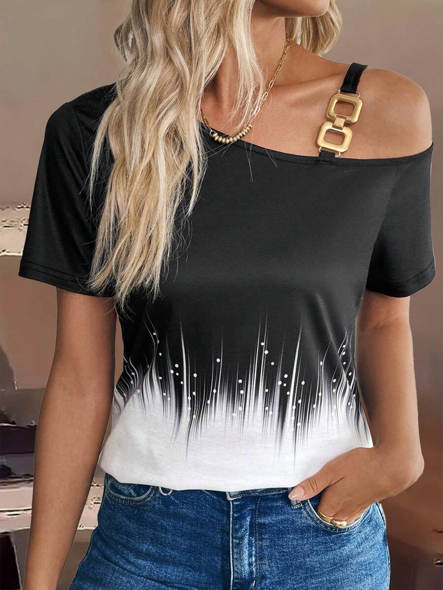 SHEIN LUNE Women Casual Color Block Asymmetric Collar T-Shirt - Multicolor - View 1