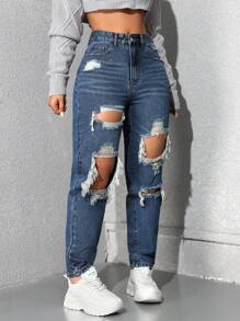 Jeanoix Jeans vaqueros ajustados con efecto desgastado informal - Azul lavado oscuro - Ver 6