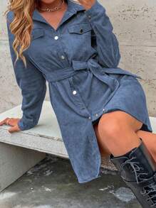SHEIN LUNE 1pc Women Casual Solid Color Corduroy Long Sleeve Belted Short Dress, Autumn - Blue - View 7