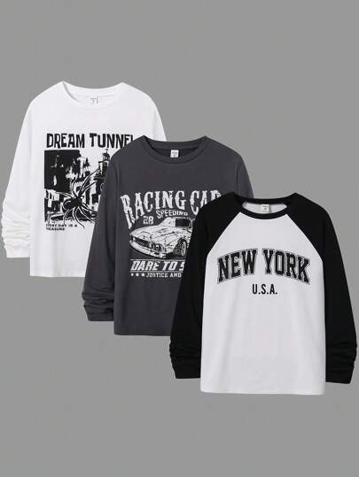 SHEIN 男孩三件套服装：1 件休闲黑白图案 T 恤、1 件同款 T 恤、1 件时尚冬季外套 - 适合青少年男孩的经济实惠套装，适合通勤、上学、休闲、运动、秋冬季