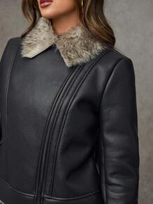 SHEIN BAE Women's Solid Color Fluffy Faux PU Leather Metal Zipper Retro Coat, Winter Autumn Fashion Outing Versatile Concert Fashionable And Warm Coat, Suitable For Parties And Outings/ Christmas/Thanksgiving - Black - View 6