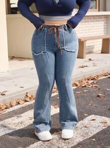 SHEIN EZwear Plus Size Women Casual Knotted Waist Raw Hem Flared Jeans - Medium Wash - View 1