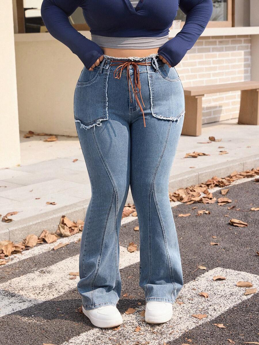 SHEIN EZwear Plus Size Women Casual Knotted Waist Raw Hem Flared Jeans - Medium Wash - View 1