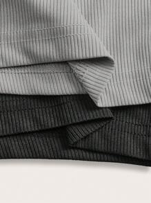 SHEIN BASICS 2 件套女士休闲纯色针织紧身丁字背连体衣 - 灰色 - 查看 8