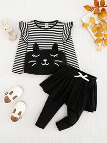 SHEIN 2 stuks/set babymeisje gebreide lange mouwen gestreepte patchwork effen kleur kattenprint ruche kraag top en effen kleur skort set, herfst/winter