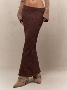 MISSGUIDED Textured Teddy Boucle Maxi Skirt Column Style Sweater Knit Winter Fall Elegant Long Sheath Cozy Column Evening Occasion Professional Modest - Brown - View 1