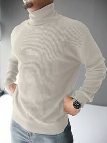 Manfinity Homme Plus Size Men's Casual Solid Color High Neck Thermal Lined Pullover Sweater, Men Turtleneck Sweater, For Fall Winter, Long Sleeve Top