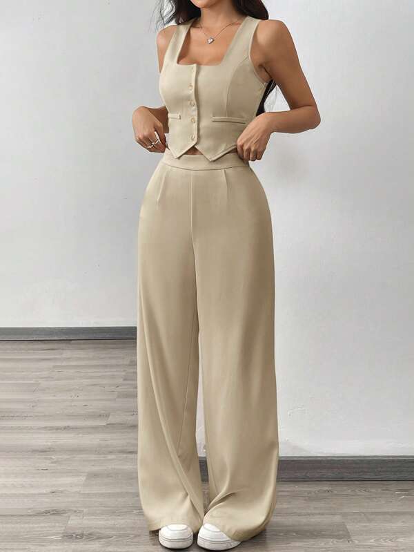 SHEIN EZwear 2pcs Women's Khaki Open Front Vest & Pants Suit Set