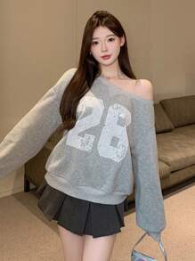 DAZY Women's Oblique Shoulder Long Sleeve Numeric Print Minimalist Sweatshirt, Casual For Daily Wear,Fall Clothes - Grey - View 3
