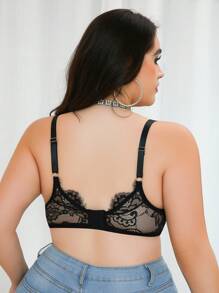 Plus Size Brassiere With Romantic Lace Patchwork, Full Coverage, Comfortable Daily Wear - Black - View 2